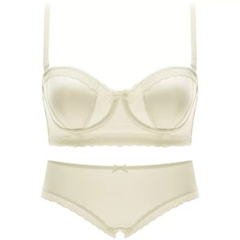 Small exquisite light luxury sexy satin underwear girl soft steel ring half cup small breast gathered thin cup bra set