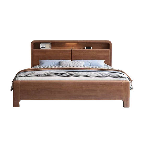 Nordic solid wood bed simple modern walnut color master bedroom bed