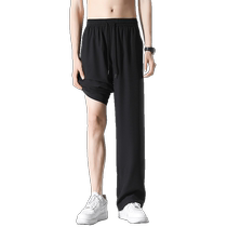 Black slimming ice silk drape pants for men in summer thin loose straight trousers for boys quick-drying casual trousers