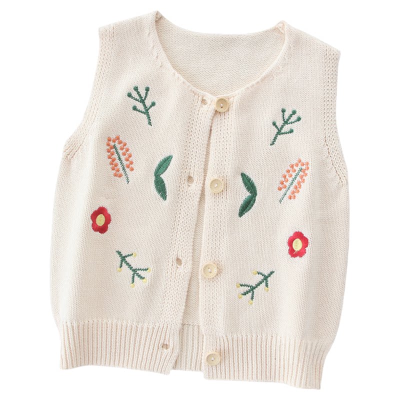 Korean style spring and autumn girls' pure cotton embroidered knitted vest
