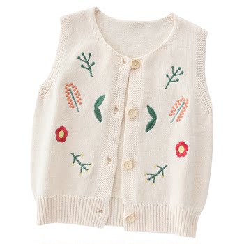 Korean style spring and autumn girls' pure cotton embroidered knitted vest