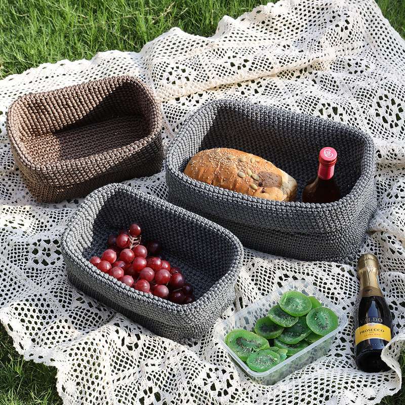 Desktop Storage Fruit Basket Nordic Ice Silk Thread Knitted Bathroom Storage Basket Handmade Woven Fabric Basket