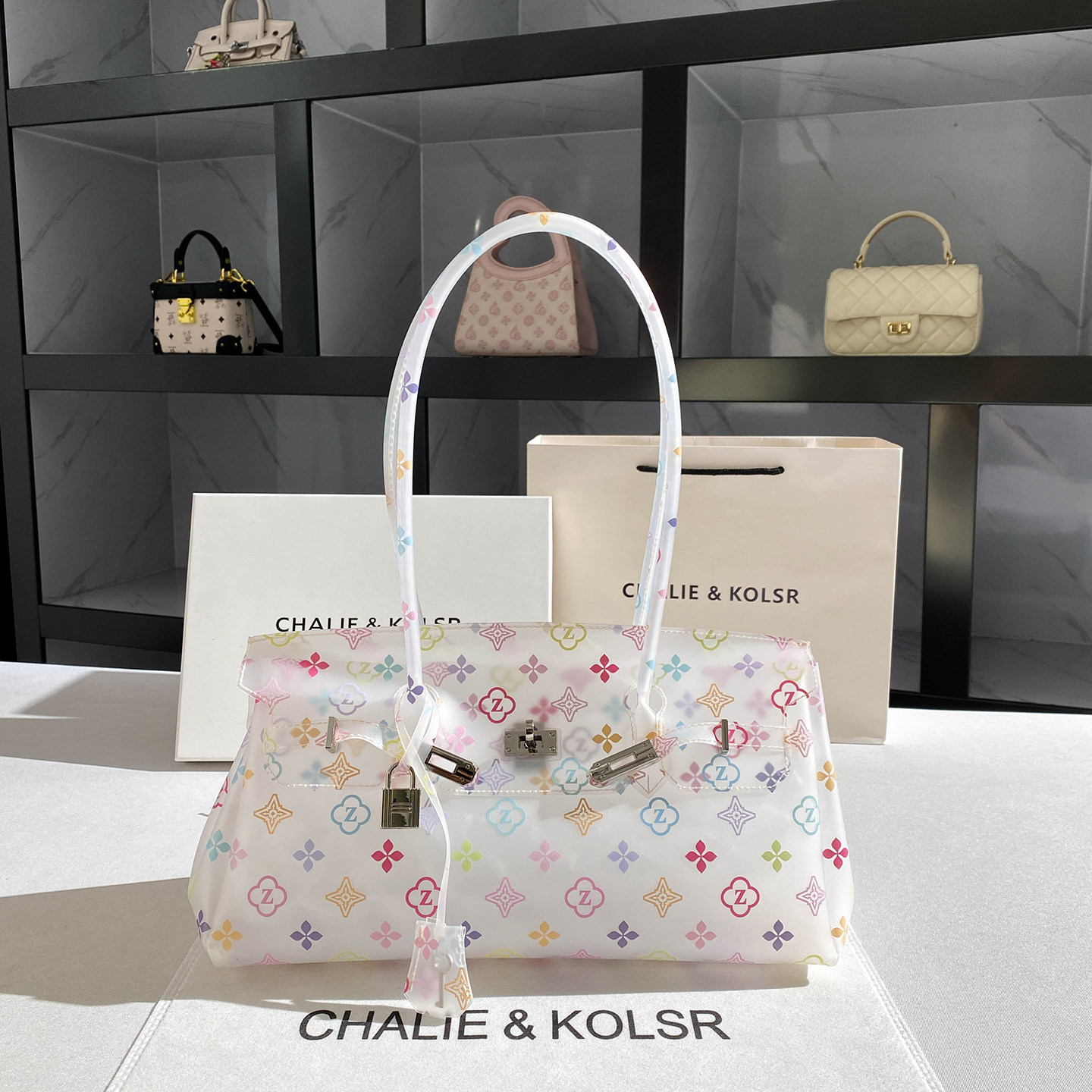 CHALIE&KOLSR Chic Transparent Print Jelly Bag, 2026 Autumn New Arrival, Large Capacity Shoulder Kelly Bag