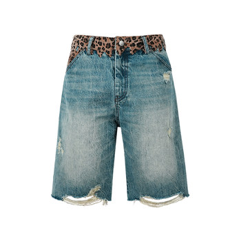 Antidote wool leopard print splicing ripped mid-pants shave shaves and work clothes denim cropped pants washing shorts