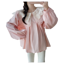 Maternity wear autumn 2024 new Korean design double-layer doll collar loose large size belly-covering slimming top