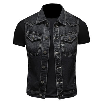 Spring European station motor denim vest men's sleeveless denim jacket fashion trend men's jacket slim outer coat