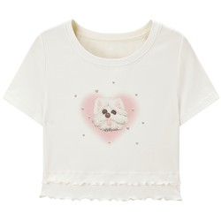 Leding sweet girl cream puppy playful printed T-shirt 2024 early spring new knitted in short-sleeved top