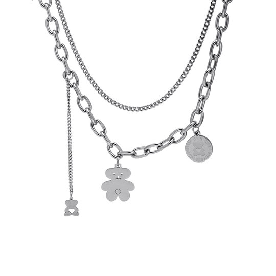 双层小熊钛钢项链女2025新款卫衣T恤配饰不掉色秋冬冷淡风毛衣链