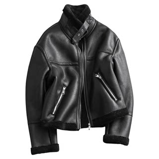 Fur integrated double-sided fleece stand collar warm leather jacket for women