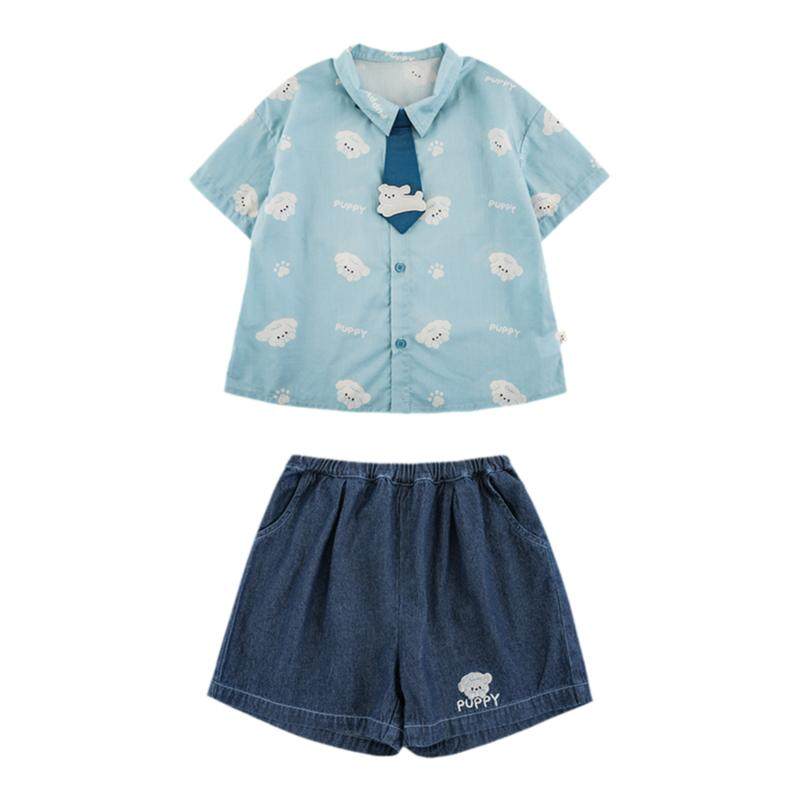Youyou boys summer new cartoon cotton short-sleeved shirt casual loose denim shorts children's trendy and cool children's clothing