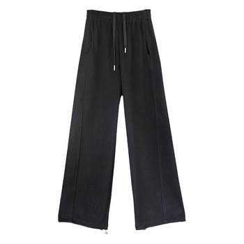 Women's winter floral gray wide-leg sweatpants with velvet and thickening