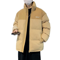 Corduroy cotton-padded jacket mens winter trendy brand stand-collar cotton-padded jacket ins Hong Kong style contrasting color splicing cold-proof thickened Jinjiang cotton-padded jacket