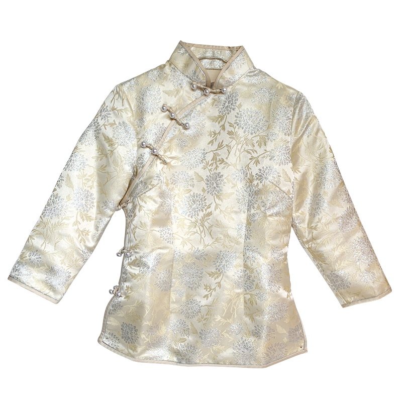 刘钰懿刘美人时尚唐装秋冬季复古香槟色银丝闪闪刺绣旗袍宴会棉袄