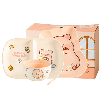 Kawashimaya & Lulu Pig Collaboration Cute Bowl and Plate Set for One Person, Tableware Gift Box, Birthday Gift for Girls and Best Friends