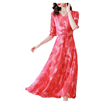 Floral chiffon dress womens summer 2024 new spring and autumn mother waist short-sleeved temperament mid-length skirt