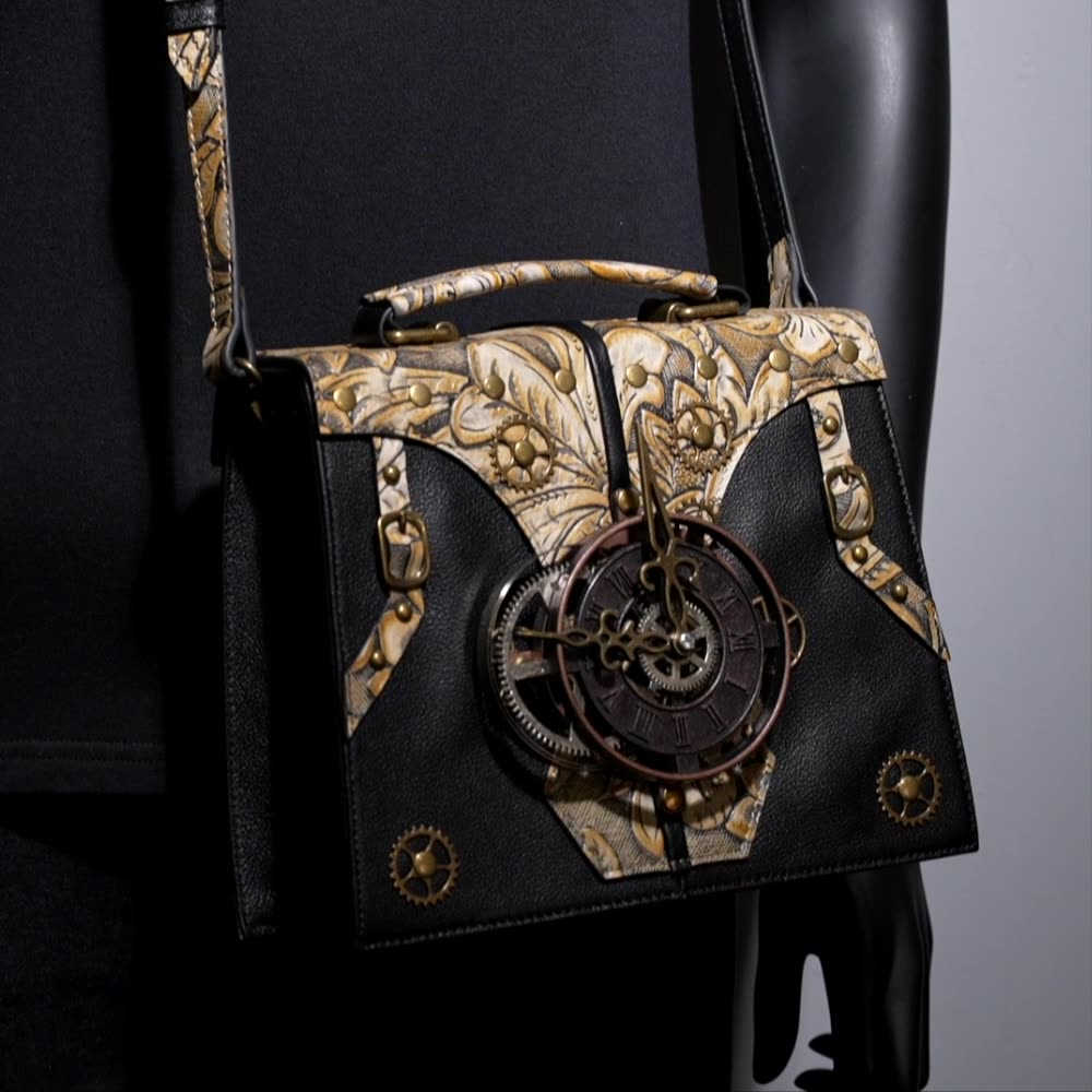 European medieval metal studded clock, genuine leather embossed vintage handbag, cowhide studded shoulder/crossbody bag for women.
