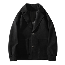 Woolen coat mens autumn and winter American loose thickened short windbreaker mens high-end suit collar woolen coat