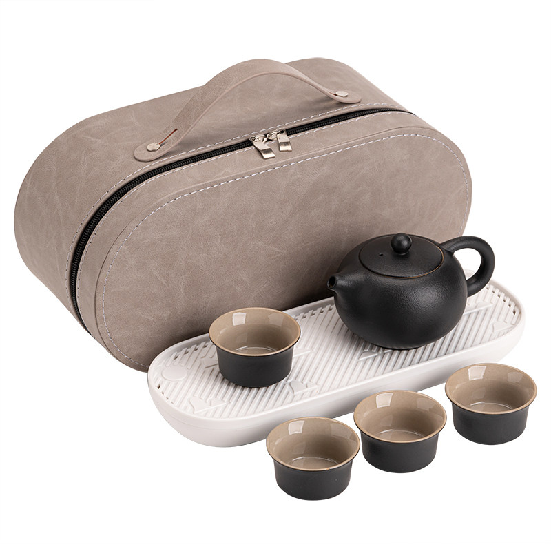 Xiangxing Black Pottery Travel Tea Set Portable Outdoor Camping Ceramic Teapot One Pot Four Cups Drinking Tea Tray