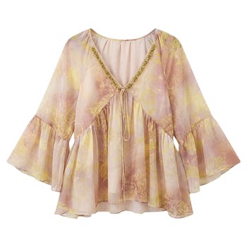 Aiwenwen iris wanhuazhan 2026 spring and summer millennium printing industry heavy shirt sequined chiffon girl's shirt