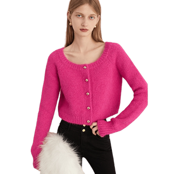 Pink knitted cardigan dplay french style round collar