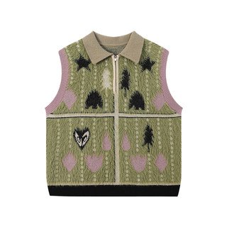 江南先生NewJNXS珠链提花针织毛衣背心半拉链复古貂毛叠穿马甲冬