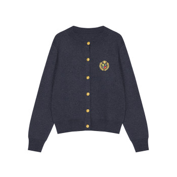 Fan Luo 2024 Spring New Wool Knitted Sweater Cardigan Women's College Contrast Color Badge Embroidered Metal Buckle Top