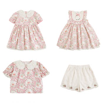 ຫນຸ່ມສາວ garden princess series summer puff sleeve babydoll blouse hollow doll lapel dress multi-piece set