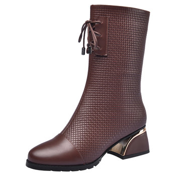 Women's winter mid-calf boots with velvet, medium heel, thick heel, round toe