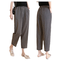 Middle-aged and elderly womens cotton and linen plaid casual pants for summer mothers loose straight nine-point pants with elastic waist and elastic trousers