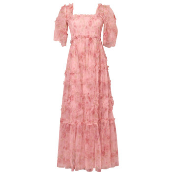 2024 French floral pink square neck ins fairy dress summer elastic super fairy mesh dress ກະໂປງຍາວ