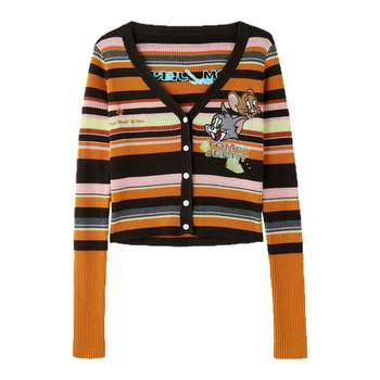 Bjhg ເສື້ອເຊີດຄໍ v-neck retro ຍີ່ຫໍ້ຮ່ວມກັບແມວແລະຫນູແບບຊະຊາຍສໍາລັບແມ່ຍິງ, ດູໃບໄມ້ລົ່ນແລະລະດູຫນາວທີ່ມີເສັ້ນດ່າງ lazy ສູງທີ່ສຸດ cardigan
