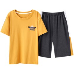 Summer pajamas Men's cotton short -sleeved Korean cartoon student thin set large size spring and autumn day home service can be worn outside