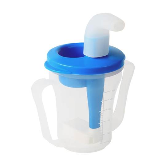 Elderly patient lying down and sitting with limited ration of water cup