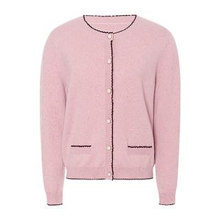 JESSIE2025年秋季新款小香风圆领绵羊毛衫女长袖撞色镶边粉色开衫