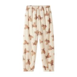 Cute bear print coral velvet pajamas for women, winter warm trousers, thickened plush casual pants, home pants