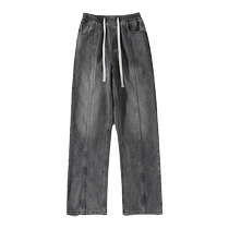 American retro jeans mens spring and autumn straight loose wide-leg casual pants trendy high street large size trousers