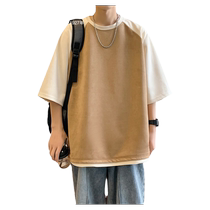 Pull back short-sleeved T-shirt mens summer thin section 2024 new trendy brand color matching mens Japanese style loose round neck five-quarter sleeves