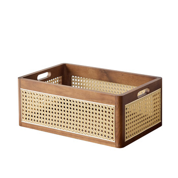 Japanese retro light luxury solid wood rattan storage basket