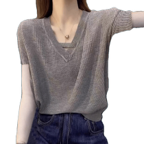 V collar Ice Knit Short Sleeve T-shirt Woman Summer Thin style Fashion 100 hitch Compassionate Conspicuic European Goods Jacket