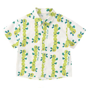 Dudujia boys' shirts short-sleeved pure cotton summer cartoon tops children's denim clothes baby summer clothes handsome children's clothes