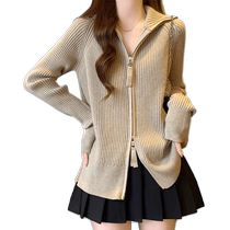 Brown double zipper lapel sweater jacket for women in early spring new style Maillard style pit strip slimming soft waxy knitted cardigan