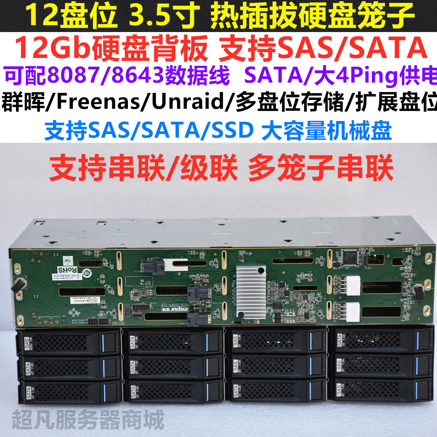 ตู้ใส่ฮาร์ดไดรฟ์ 12 ช่อง แบบเชื่อมต่อโดยตรง ขนาด 3.5 นิ้ว อินเทอร์เฟซ SAS/SATA รุ่น 8087/8643 พร้อมการ์ดจัดเก็บข้อมูล 2308 และ 3008