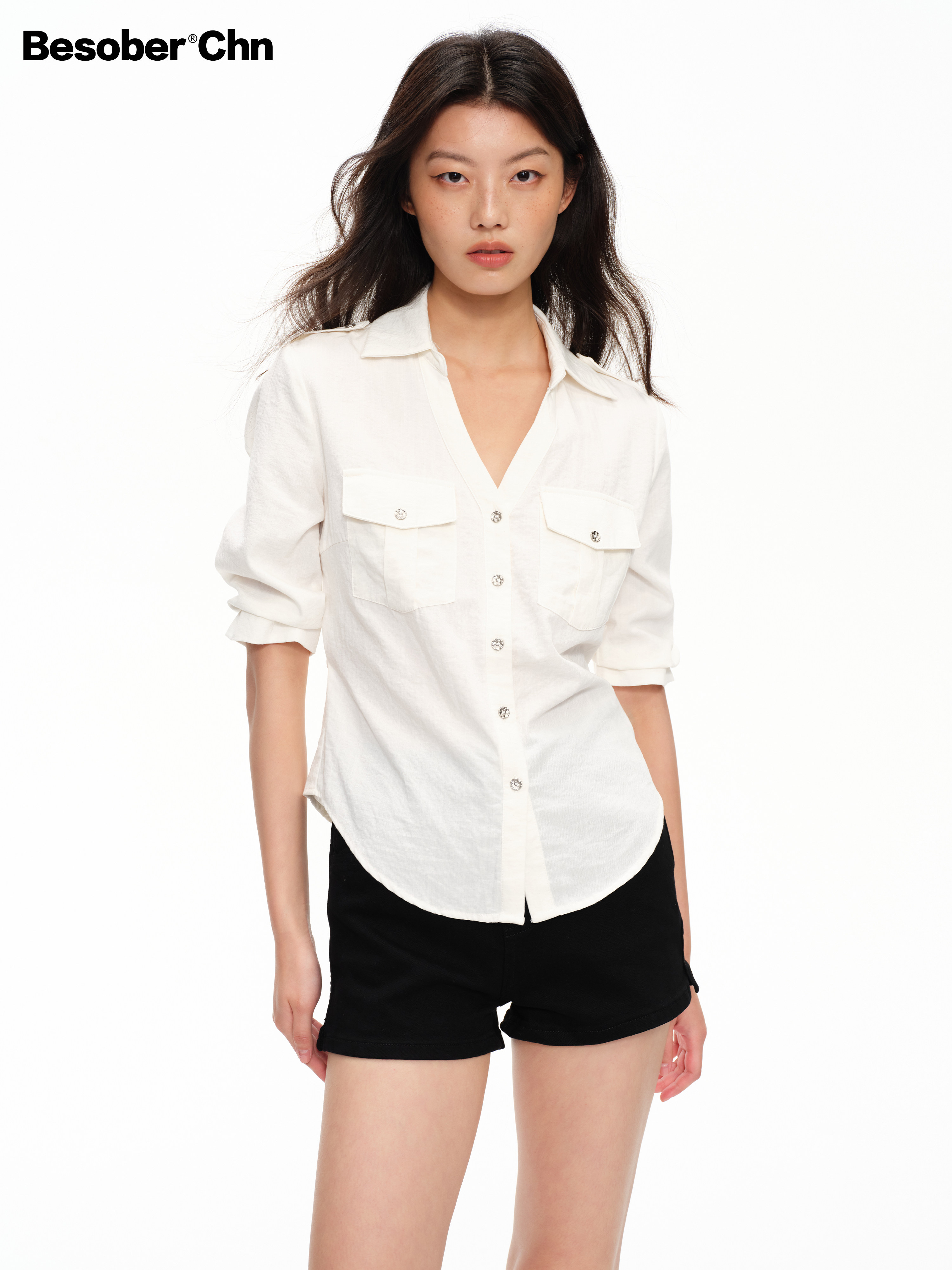 Besober Tencel Linen White V-Neck Three-Quarter Sleeve Shirt for Women, Old Money Style, Loose Casual Waist-Cinching Shirt