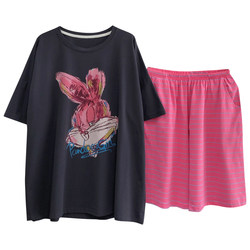 Graffiti Rabbit pajamas for women summer pure cotton short-sleeved shorts casual loose large size fat MM cute home wear thin section