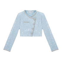 self-portrait 2024 early spring mist blue diagonal placket sequined elegant long-sleeved round neck top