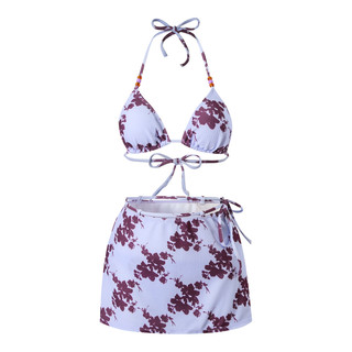 辣妹度假比基尼分体三件套紫色印花高级显白性感纯欲泡温泉泳衣女