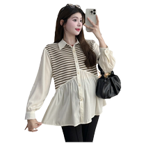 Maternity clothes tops striped lapel shirts to cover the belly and not show pregnancy trendy small people spring and autumn 2024 new style women