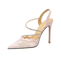 Lily Wei French lace rhinestone high heels mesh back empty pink sandals small size women 313233 summer outer wear