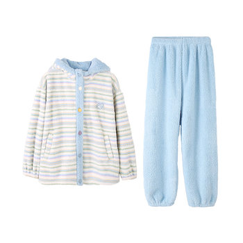 Anzhiban super warm coral fleece pajamas women's autumn and winter thickened hooded flannel home clothing set