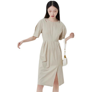 艾莱依奥莱领口镂空针织连衣裙女夏季端庄大气垂坠感过膝长裙清仓